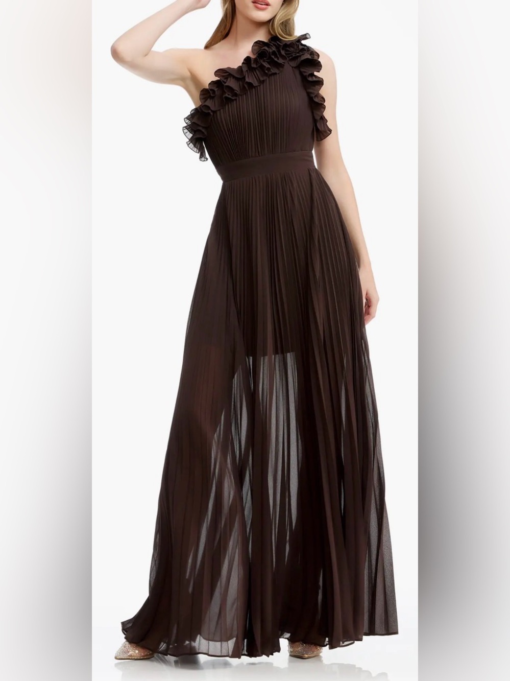 NEW DRESS THE POPULATION vida one-shoulder pleated chiffon gown brown mocha XL